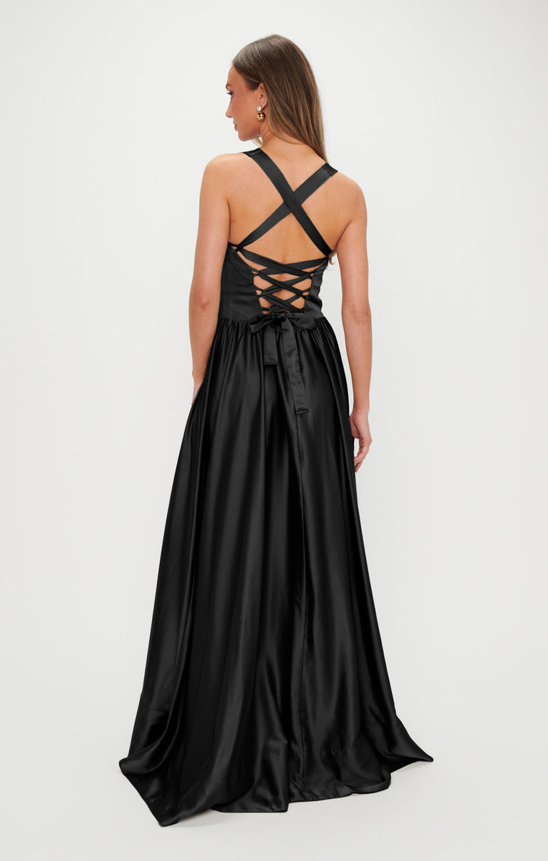 Abigail Maxi Dress, in Black Luxe Satin, Size: Small | Show Me Your Mumu