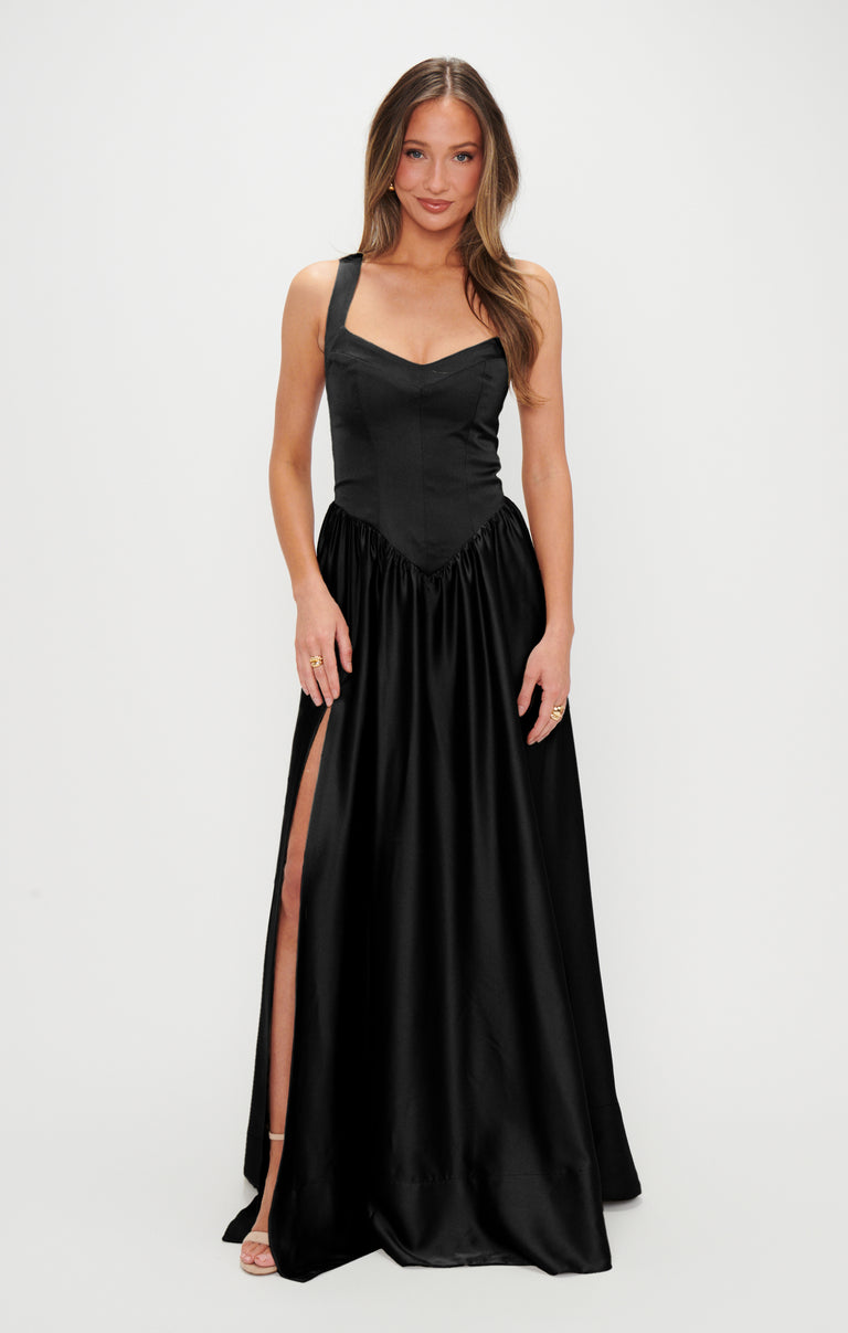 chinese dress ladies Abigail Maxi Dress, in Black Luxe Satin, Size: Small | Show Me Your Mumu