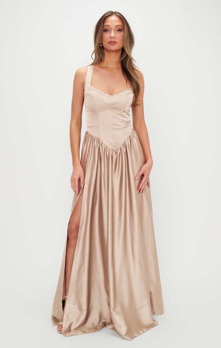 Abigail Maxi Dress, in Champagne Luxe Satin, Size: 2XL | Show Me Your Mumu | Bridesmaid Dresses Abigail Maxi Dress, in Champagne Luxe Satin, Size: 2XL | Show Me Your Mumu | Bridesmaid Dresses