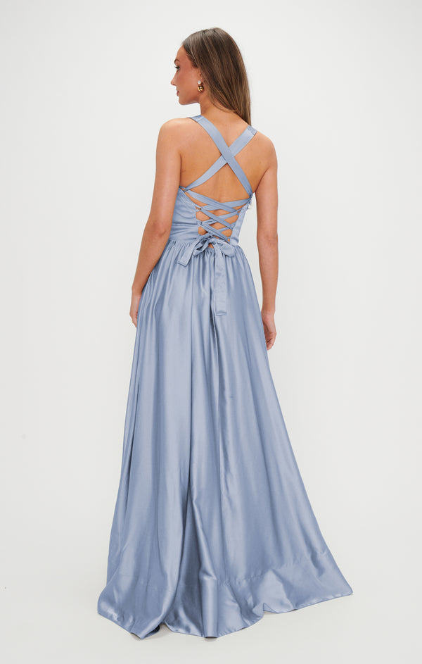 Abigail Maxi Dress ~ Steel Blue Luxe Satin – Show Me Your Mumu