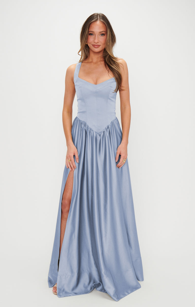 Abigail Maxi Dress ~ Steel Blue Luxe Satin – Show Me Your Mumu