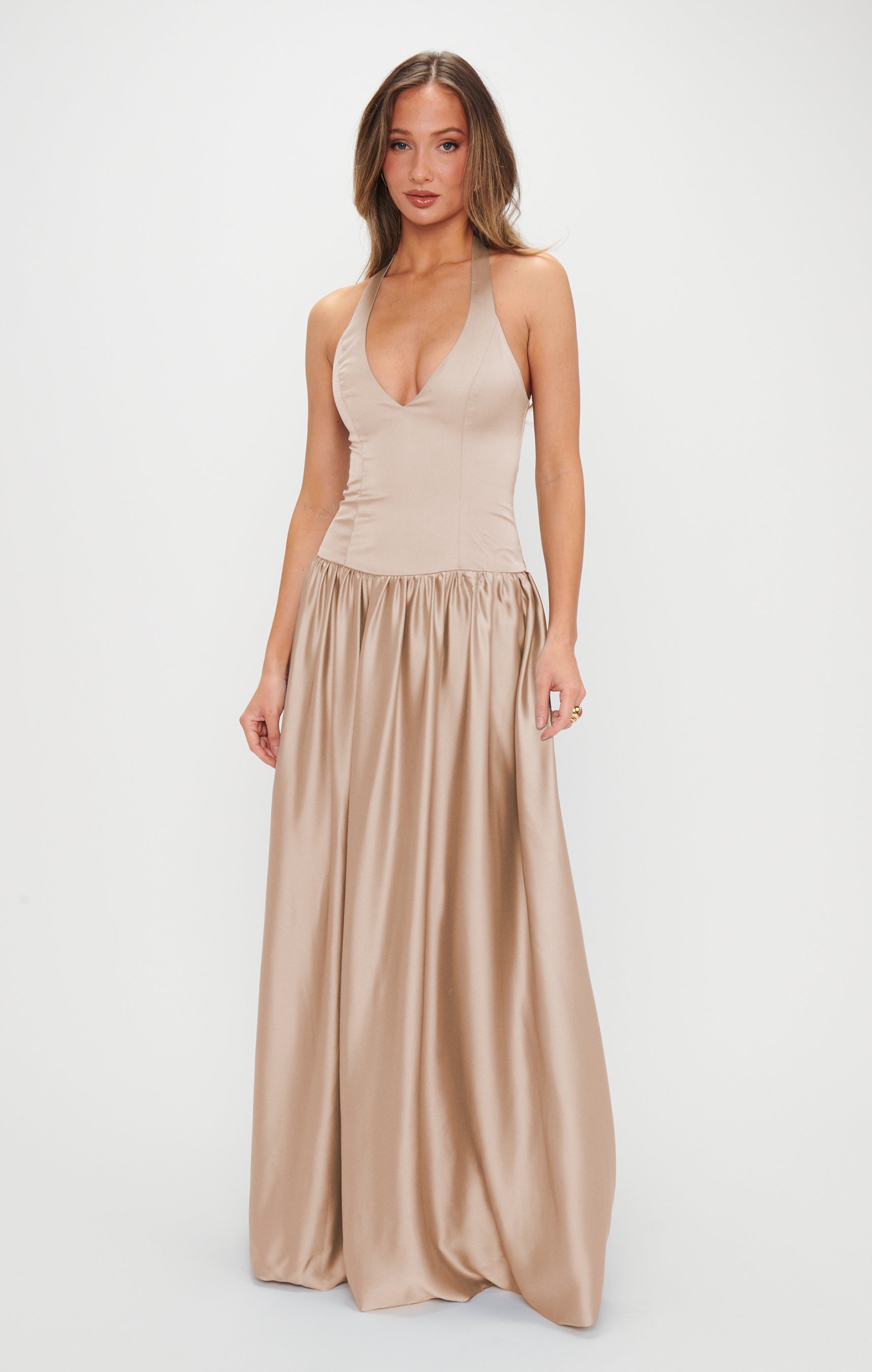 eliza j champagne dress Maxi Dress, in Luxe Satin shoulder neckline adds sculptural fabric: Knit Colors:Turquoise The Perfect White Bridal