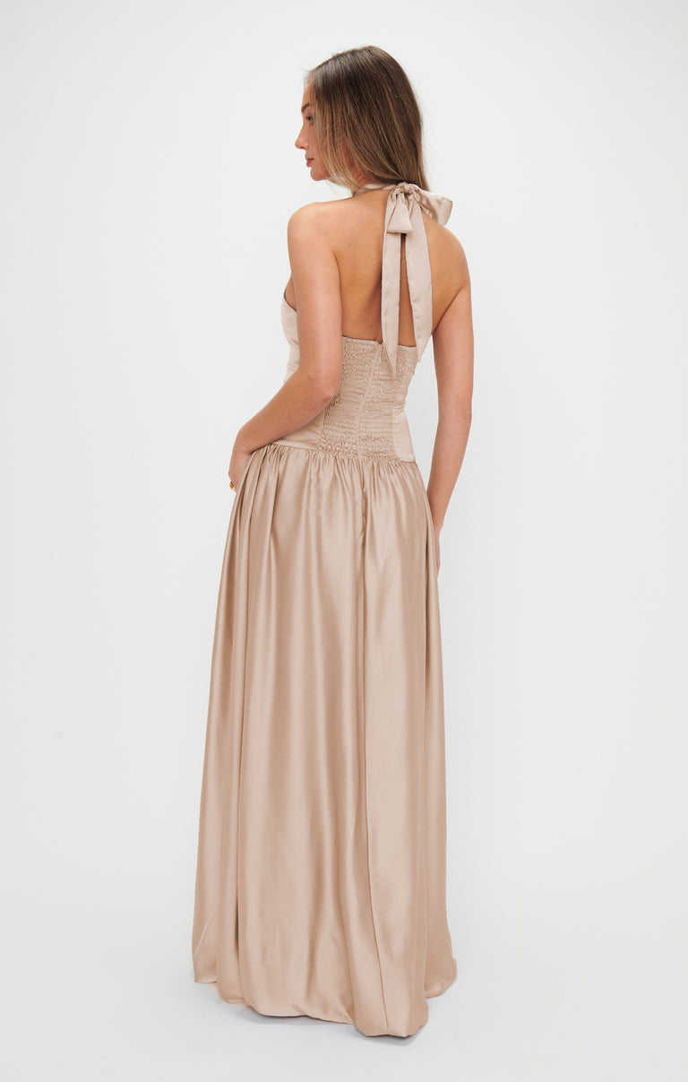 lucie champagne silky plunge extreme split maxi dress Lucie Champagne Silky Plunge Extreme Split Maxi Dress