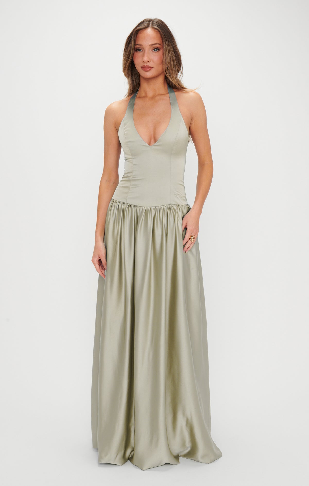 olive green dress for bridesmaid Eliza Maxi Dress, in Moss Luxe Satin | Show Me Your Mumu $0 - $25 Color:Seafoam Usmc Dress Blues Belt Great for any cup