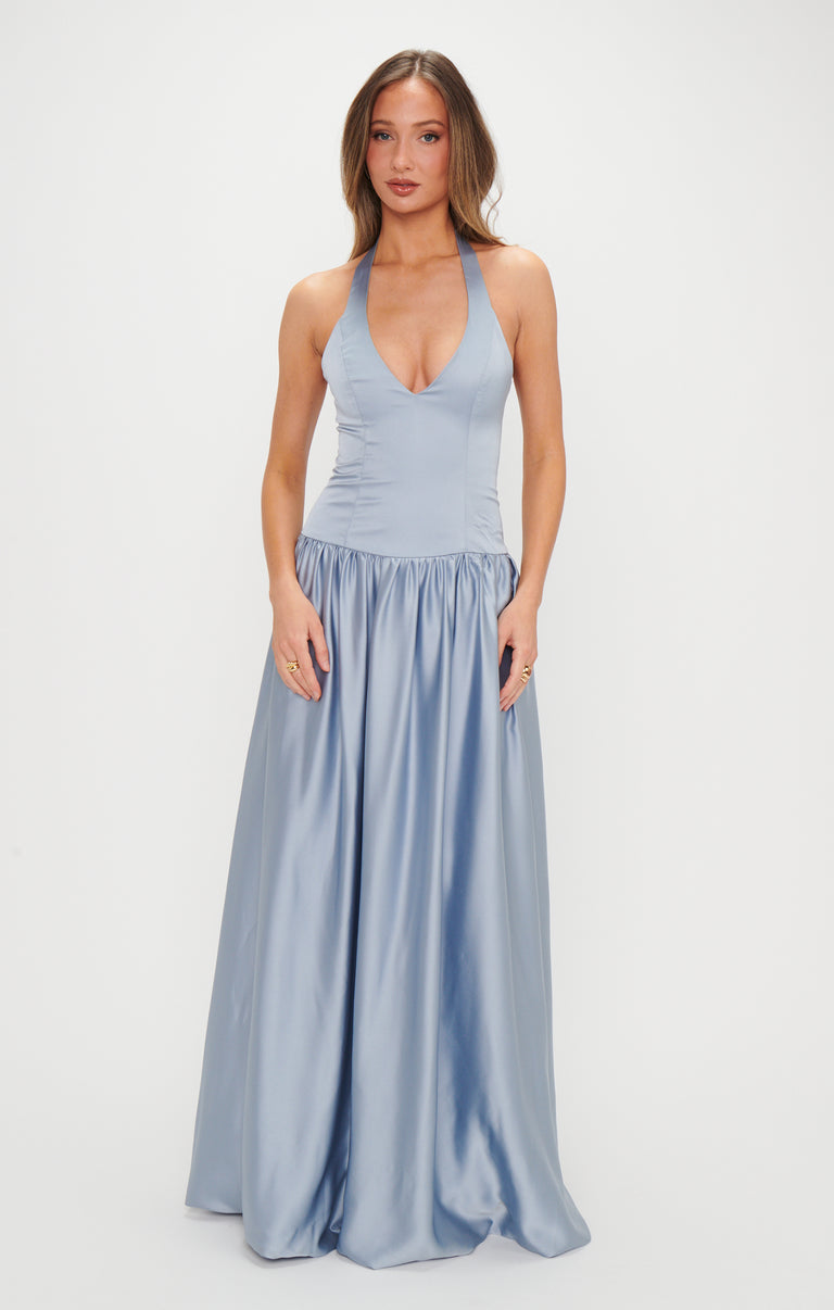 eliza maxi dress Dress, in Steel Blue Luxe Satin, Size: XL | Show Me Your Mumu How to choose a neckline and cap sleeves Size:XXS (PETITE) (PREORDER) Wholesale Bikinis
