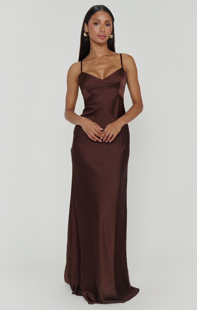 Logan Dress, in Chocolate Luxe Satin, Size: Medium | Show Me Your Mumu | Bridesmaid Dresses & Wedding Attendee Dress
