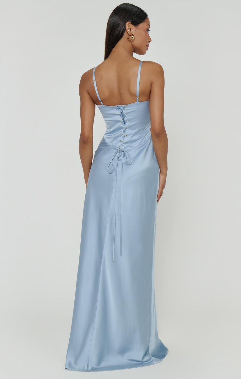 Logan Dress ~ Steel Blue Luxe Satin – Show Me Your Mumu