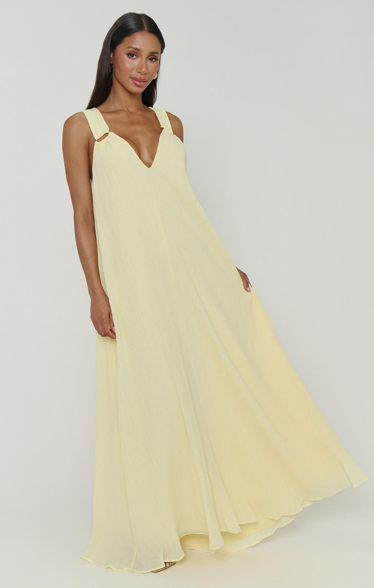 strapless open back dress Heidi Maxi Dress ~ Pale Yellow Pleated Chiffon – Show Me Your Mumu