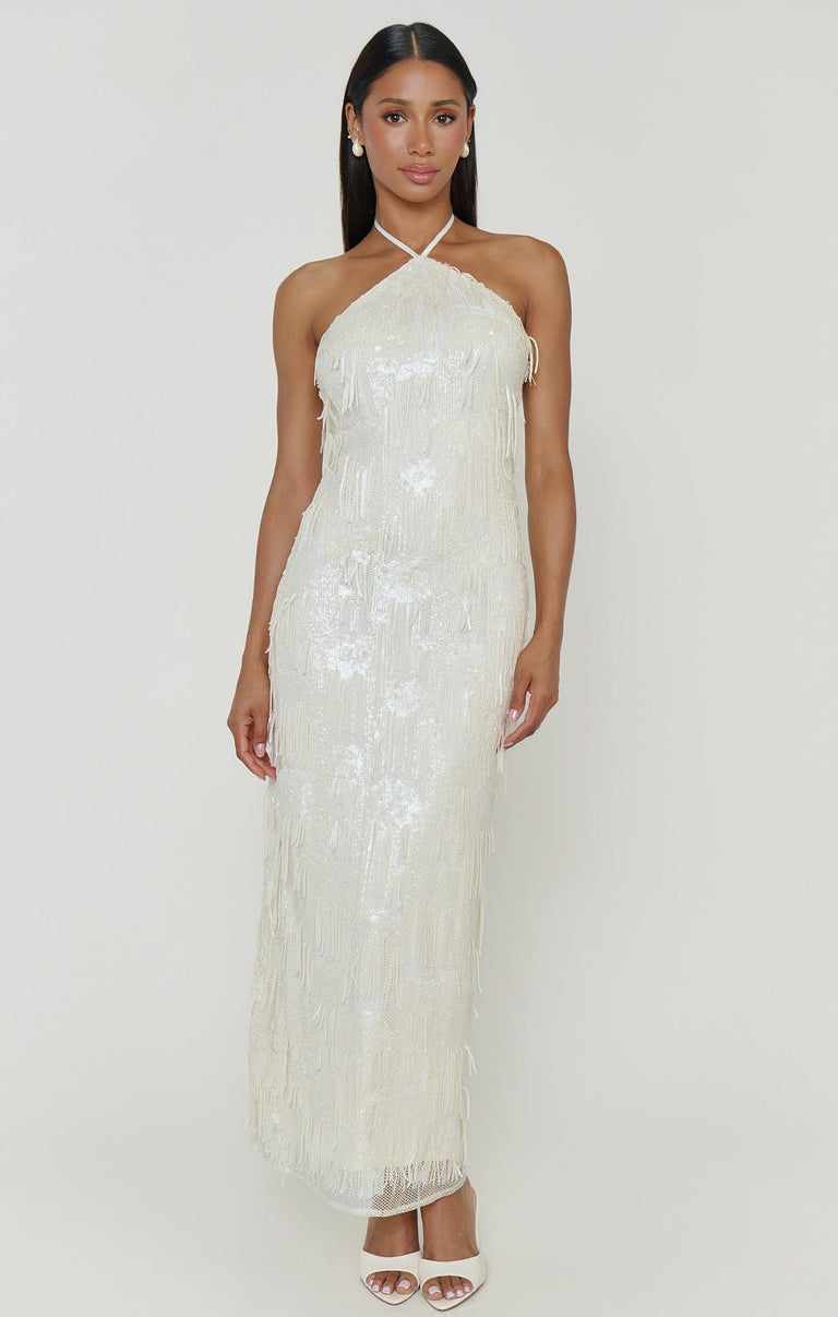 Julianna Maxi Dress, in White Fringe Sequins, Size: Medium | Show Me Your Mumu Julianna Maxi Dress, in White Fringe Sequins, Size: Medium | Show Me Your Mumu