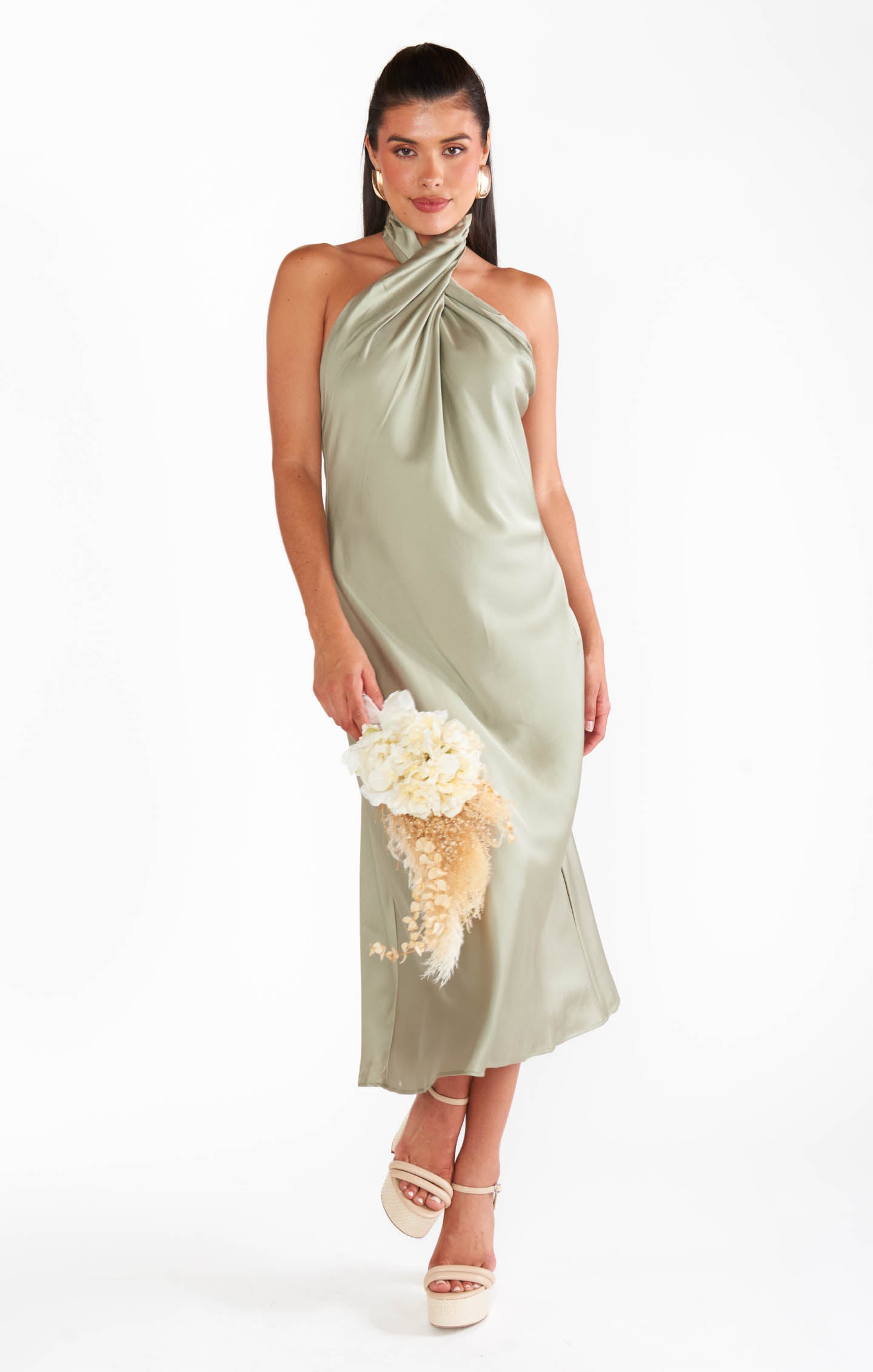 Jasmine Halter Midi Dress, in Moss Green Luxe Satin | Show Me Your Mumu