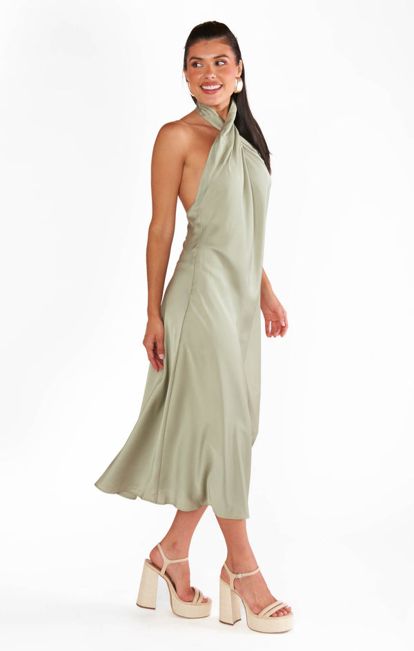 Jasmine Halter Midi Dress ~ Moss Green Luxe Satin – Show Me Your Mumu