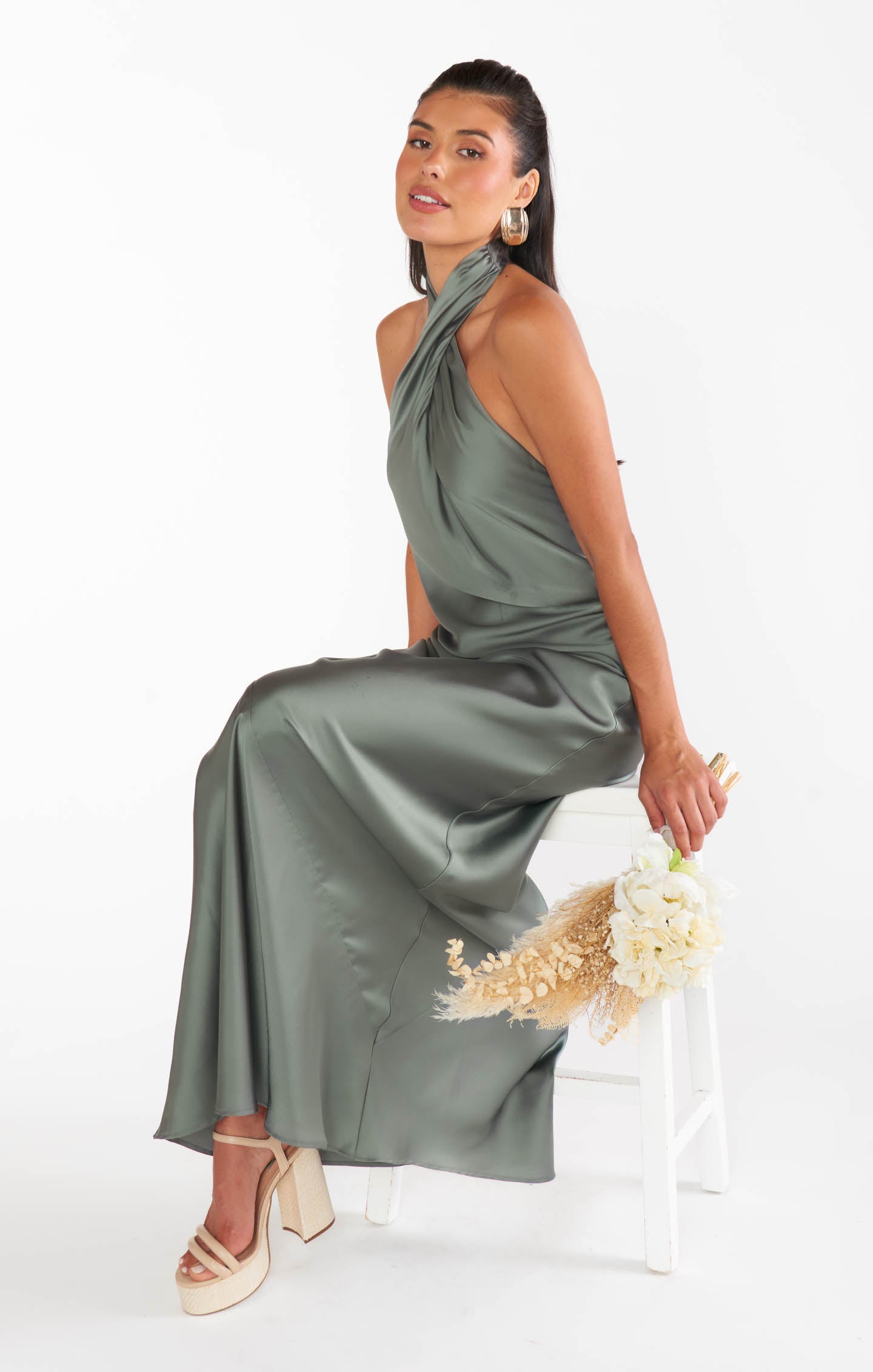 Jasmine Halter Maxi Dress, in Deep Sage Luxe Satin, Size: Medium | Show Me Your Mumu | Bridesmaid Dresses & Wedding Attendee Dress Jasmine Halter Maxi Dress, in Deep Sage Luxe Satin, Size: Medium | Show Me Your Mumu | Bridesmaid Dresses & Wedding Attendee Dress
