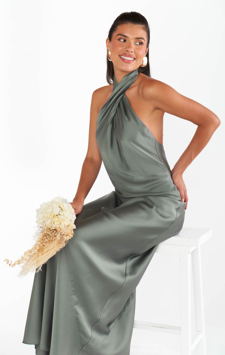 sage green halter dress Heavy Hearted Satin Maxi Style it with strappy heels and delicate jewellery for weddings Sage Ruched Halter Keyhole Back