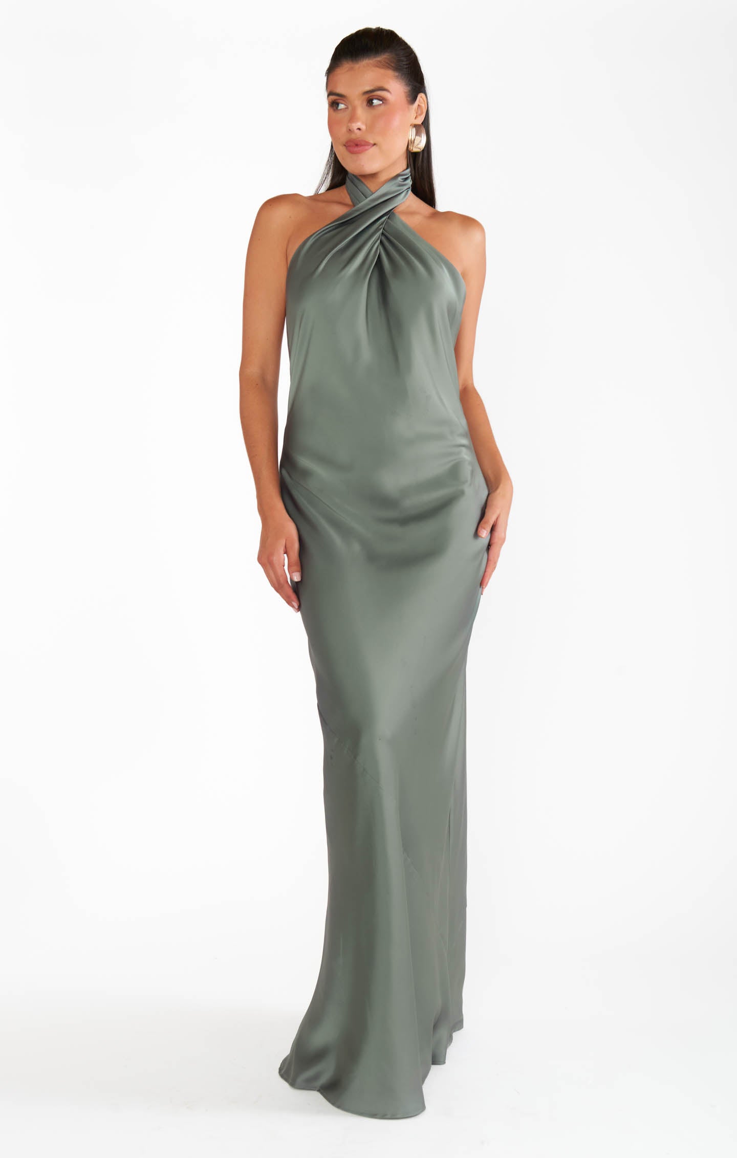 Jasmine Halter Maxi Dress, in Deep Sage Luxe Satin, Size: Medium | Show Me Your Mumu