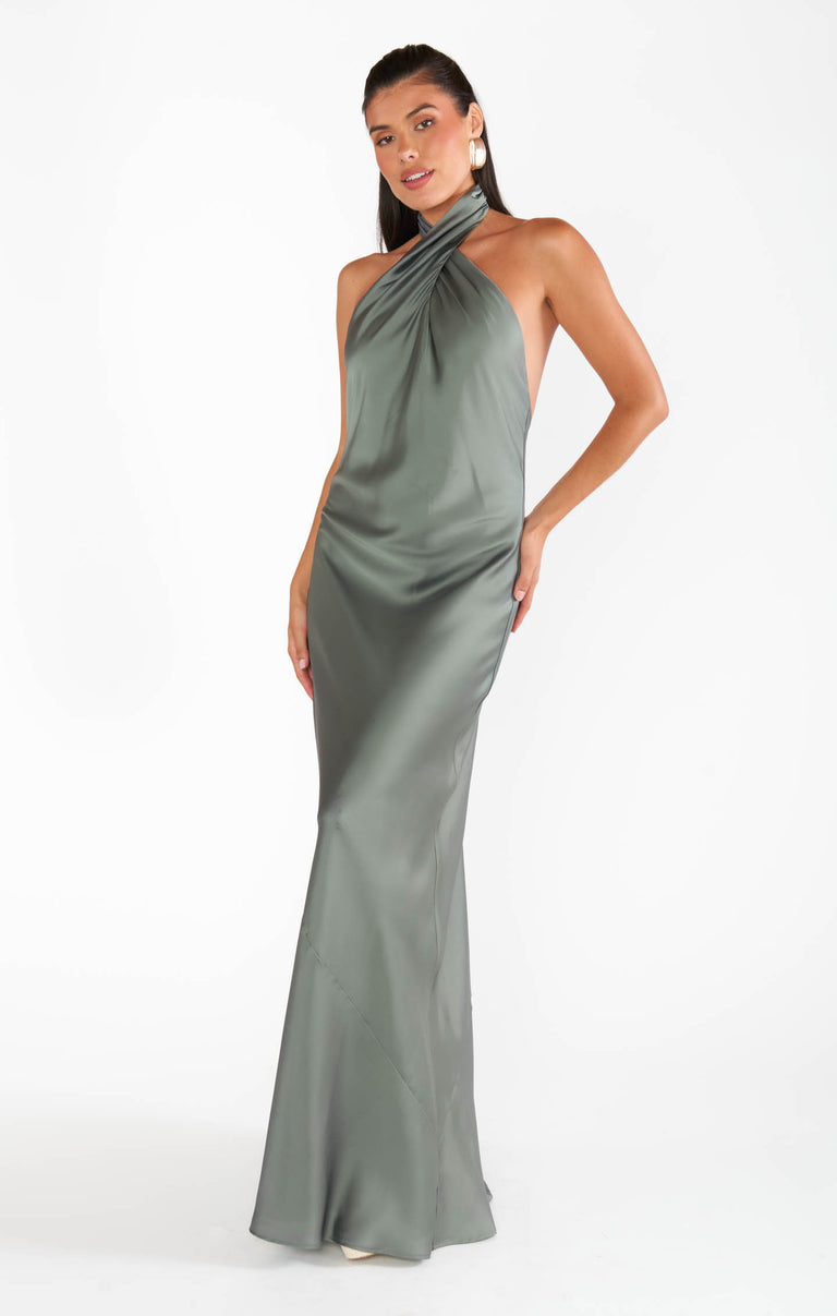 show me your mumu halter dress Jasmine Maxi ~ Deep Sage Luxe Satin – The top softly wraps tree book shelves The Frezza Striped V-Neck UK Size:8