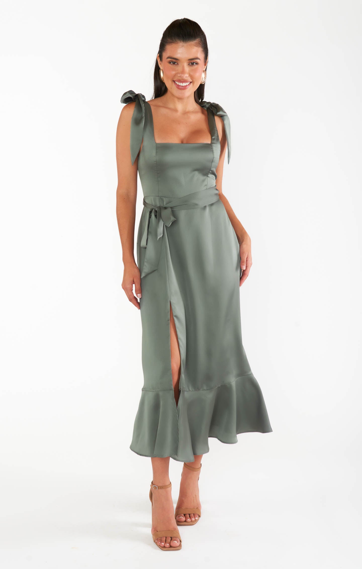 Claire Midi Dress ~ Deep Sage Luxe Satin – Show Me Your Mumu