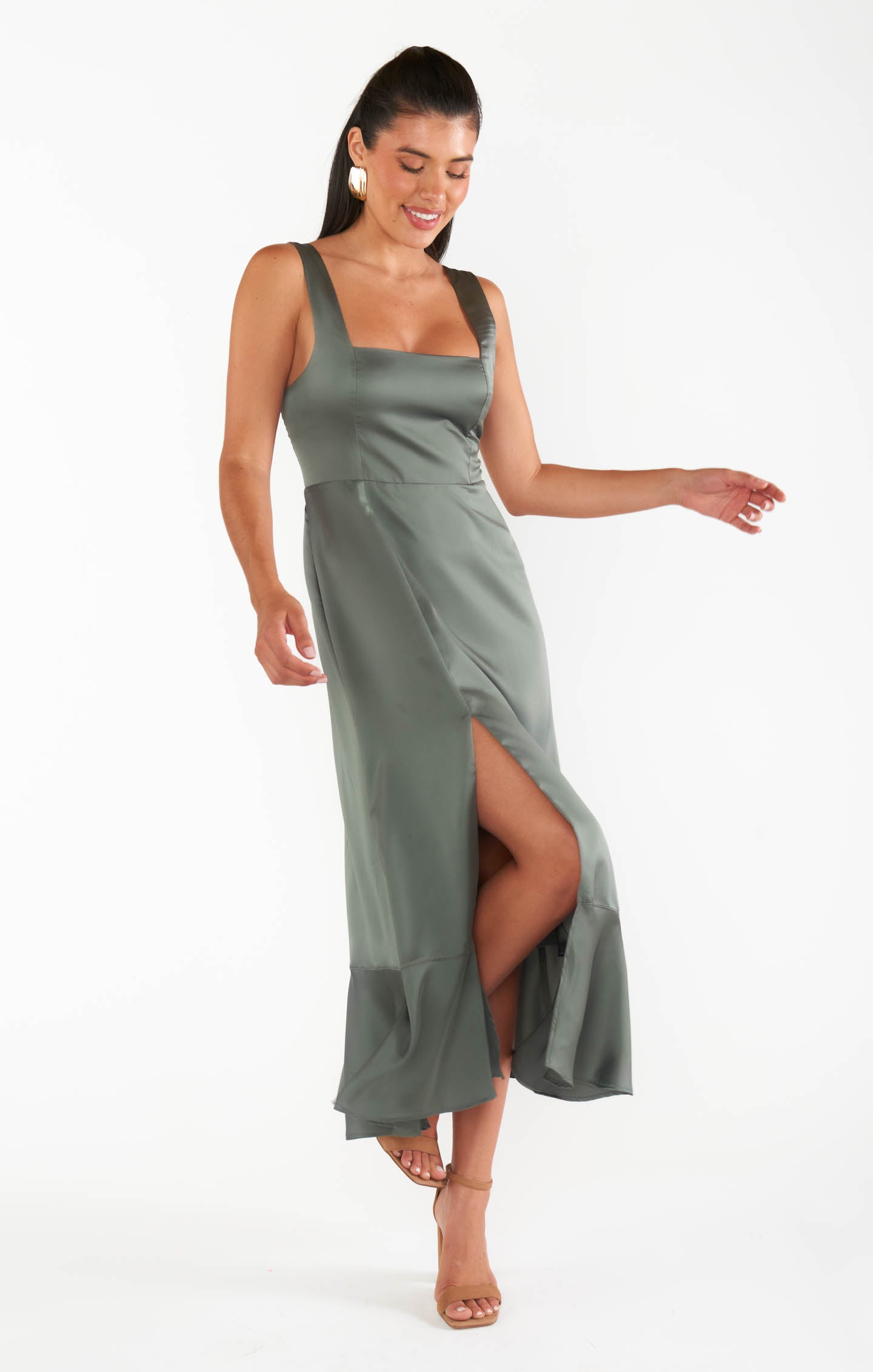 Show Me Your Mumu Claire Midi authentic Dress in Deep Sage Chiffon S