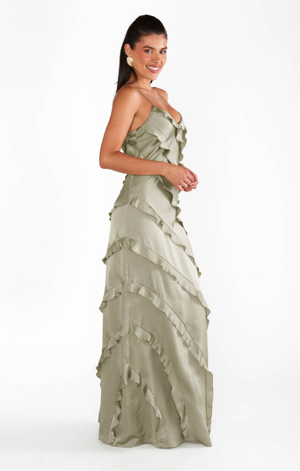 Romance Ruffle Dress ~ Moss Green Luxe Satin – Show Me Your Mumu