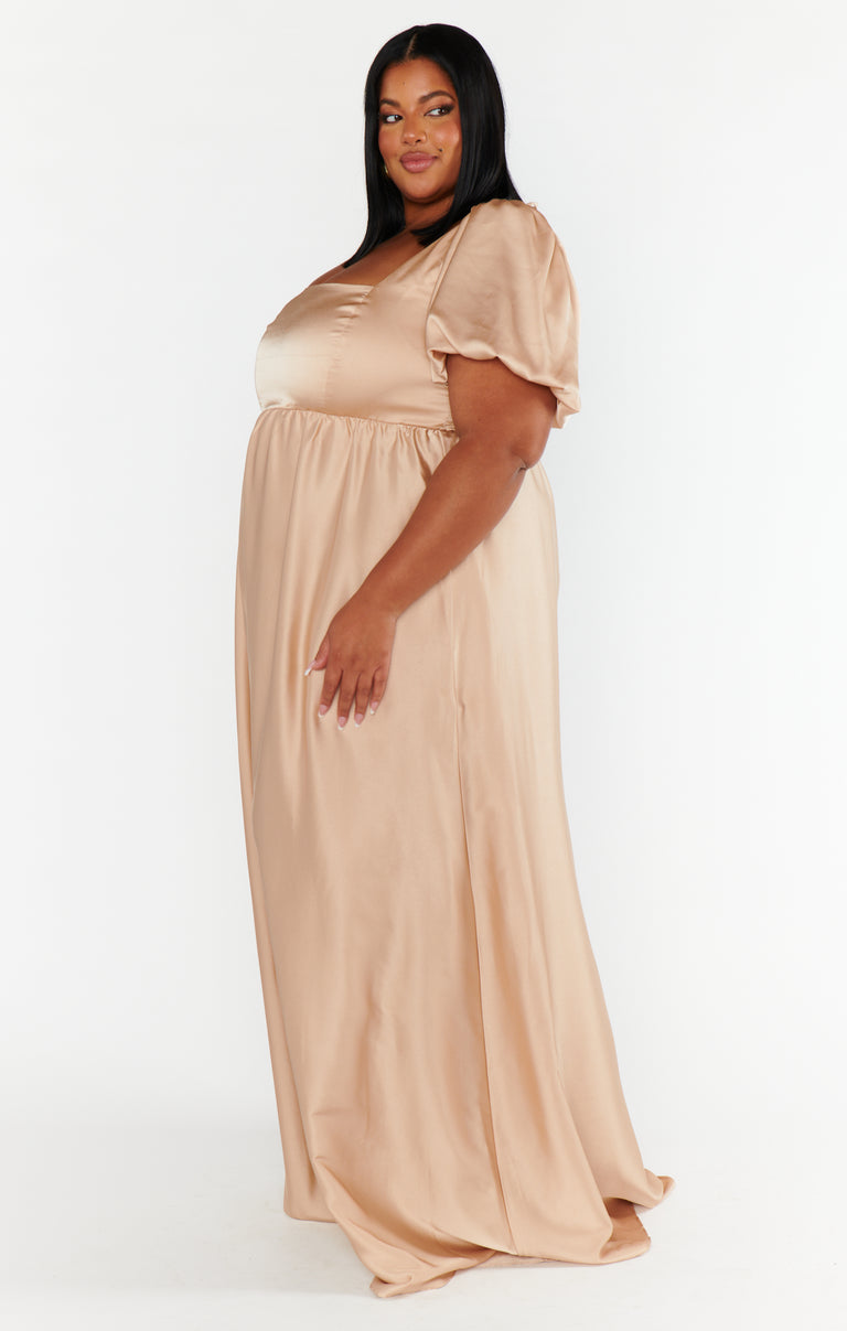 knee length dresses for ladies Anderson Maxi Dress, in Pale Yellow Luxe Satin, Size: Large | Show Me Your Mumu