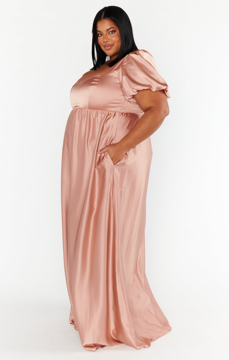 Nora Maxi Dress ~ Rose Gold Luxe Satin – Show Me Your Mumu