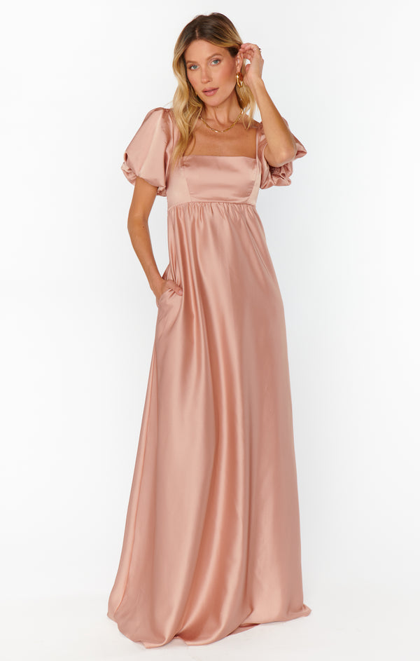 Nora Maxi Dress ~ Rose Gold Luxe Satin – Show Me Your Mumu