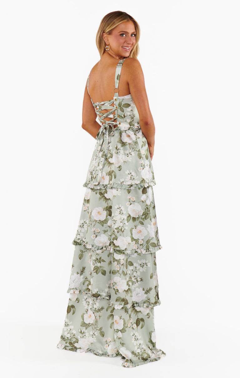 white christmas dresses Puff Long Sleeves Green Floral Corset Long Formal Dress – Ohmollydress main image 0
