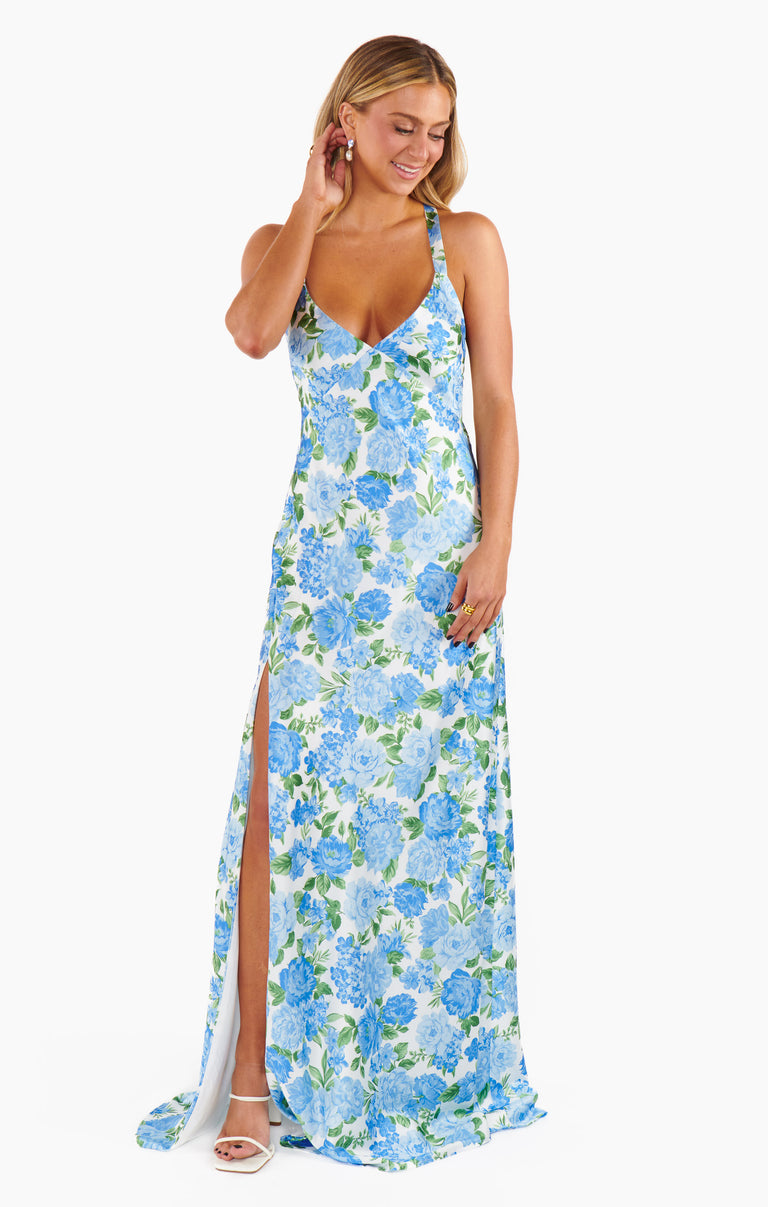 knee length dresses for ladies Anderson Maxi Dress, in Cottage Floral Blue, Size: XL | Show Me Your Mumu
