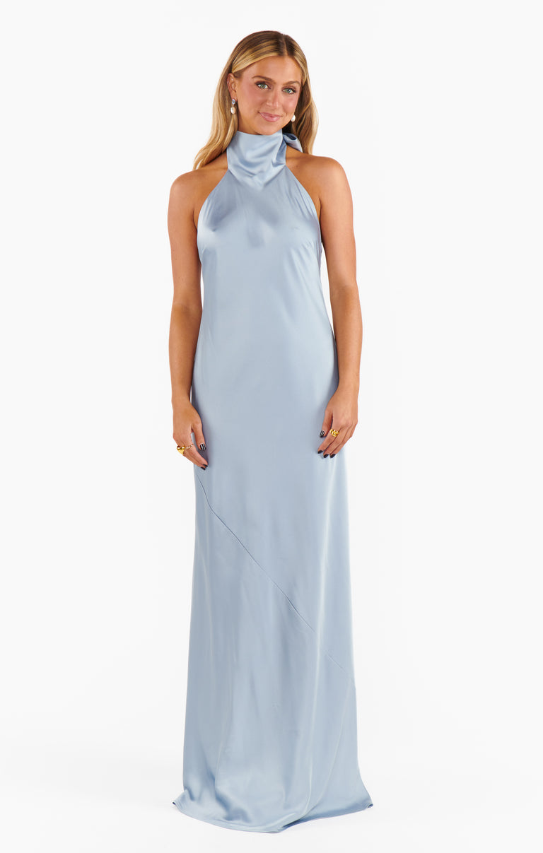 slim fit dress slacks Arlena Silk-Satin Dress in Stone Blue main image 1