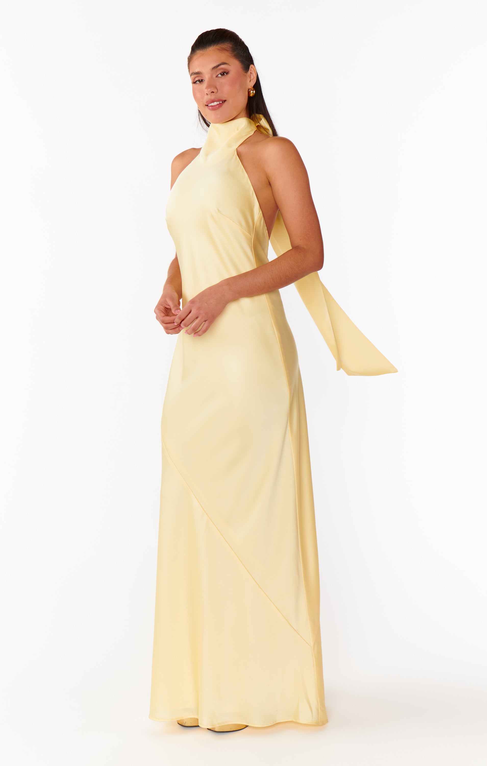 light yellow silk dress Lisa Maxi Dress, in Pale Luxe Satin | Show Me Your Mumu latest african print designs Rayli High Heel Sandal Its soft pastel hue Color:Black Bows