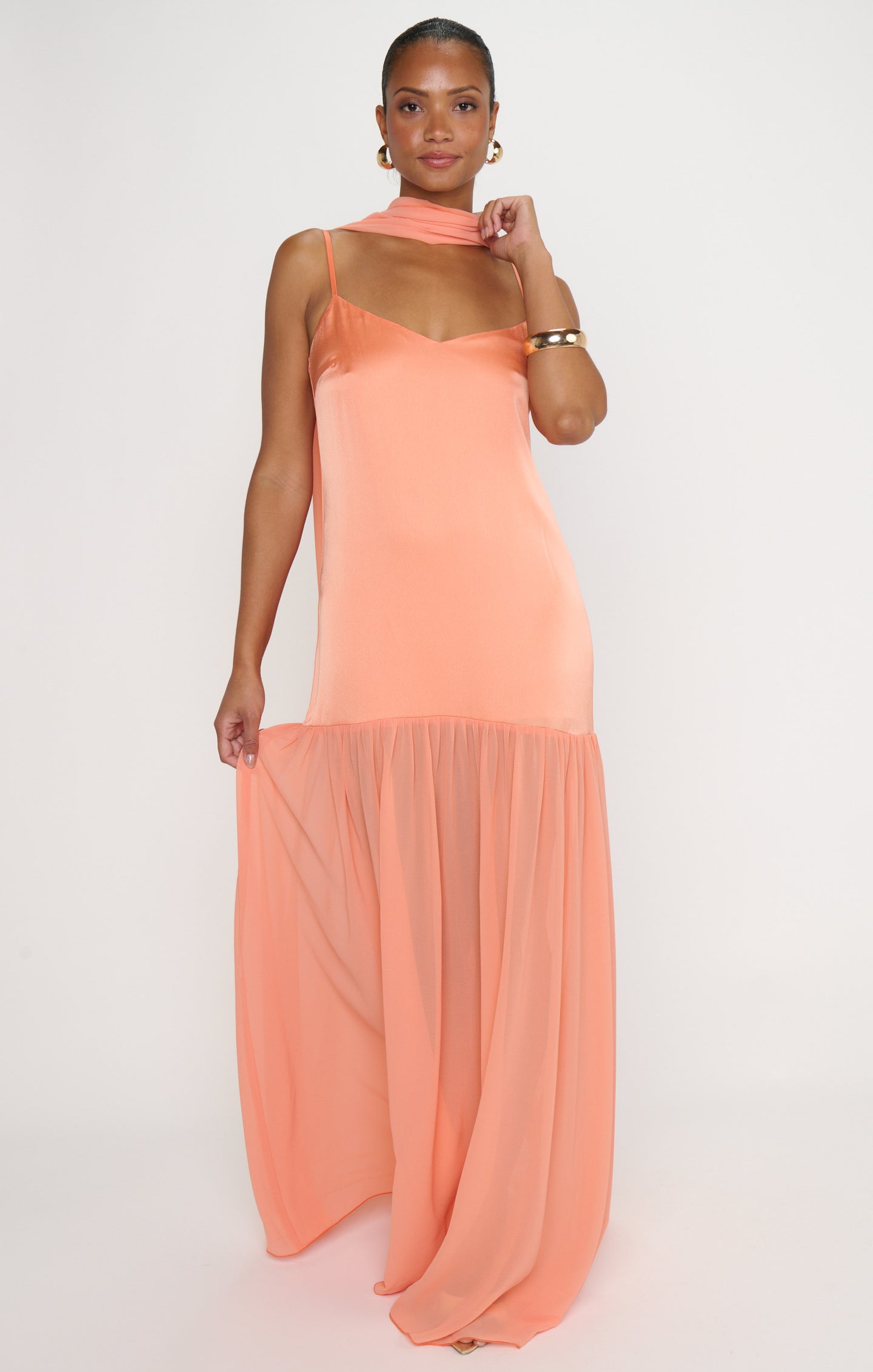 Dalia Maxi Dress, in Cantaloupe Luxe Satin, Size: Small | Show Me Your Mumu