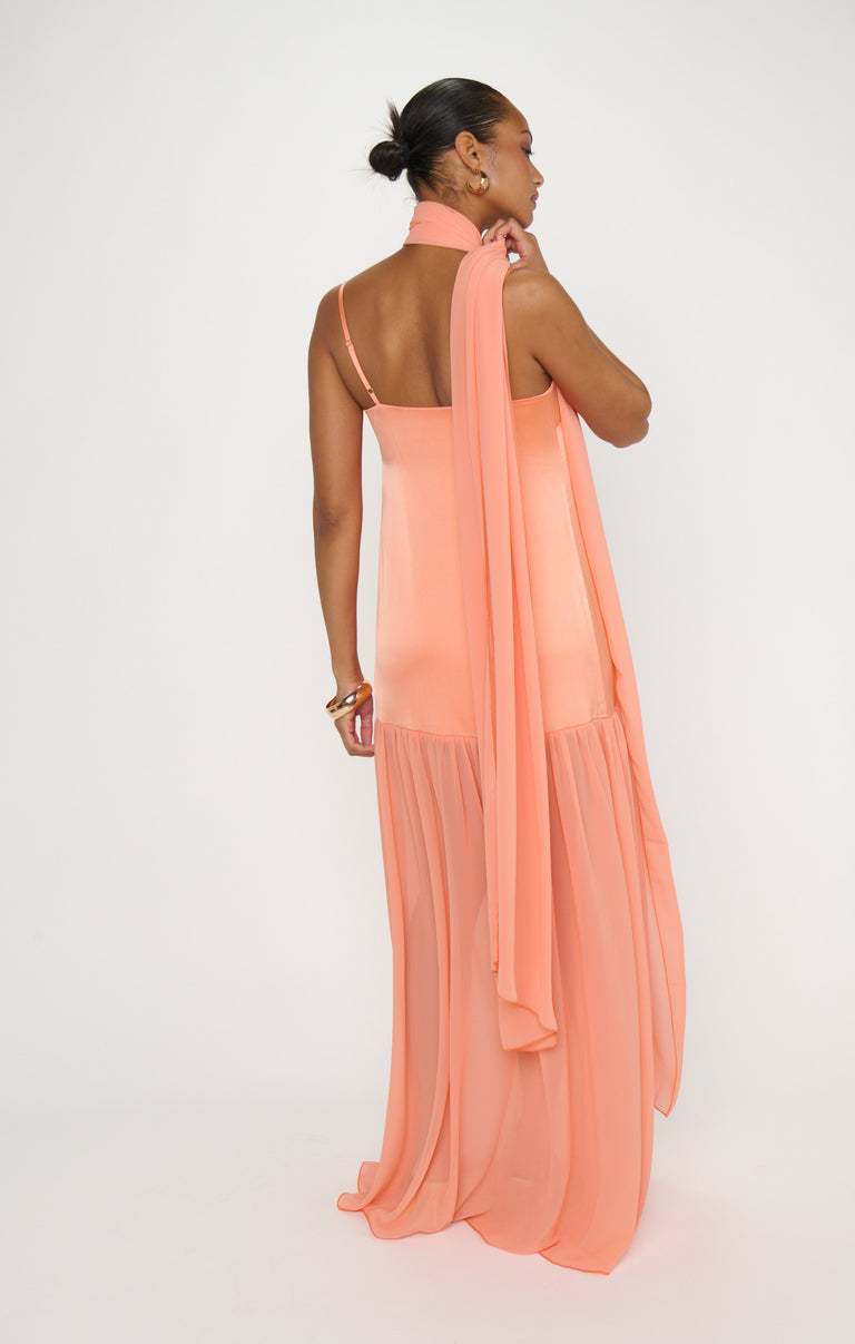 Dalia Maxi Dress, in Cantaloupe Luxe Satin, Size: Small | Show Me Your Mumu
