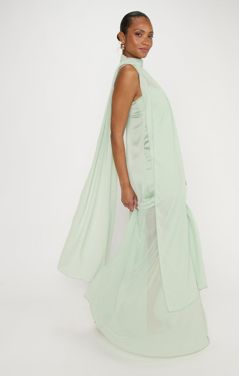 Dalia Maxi Dress, in Pistachio Luxe Satin, Size: Small | Show Me Your Mumu