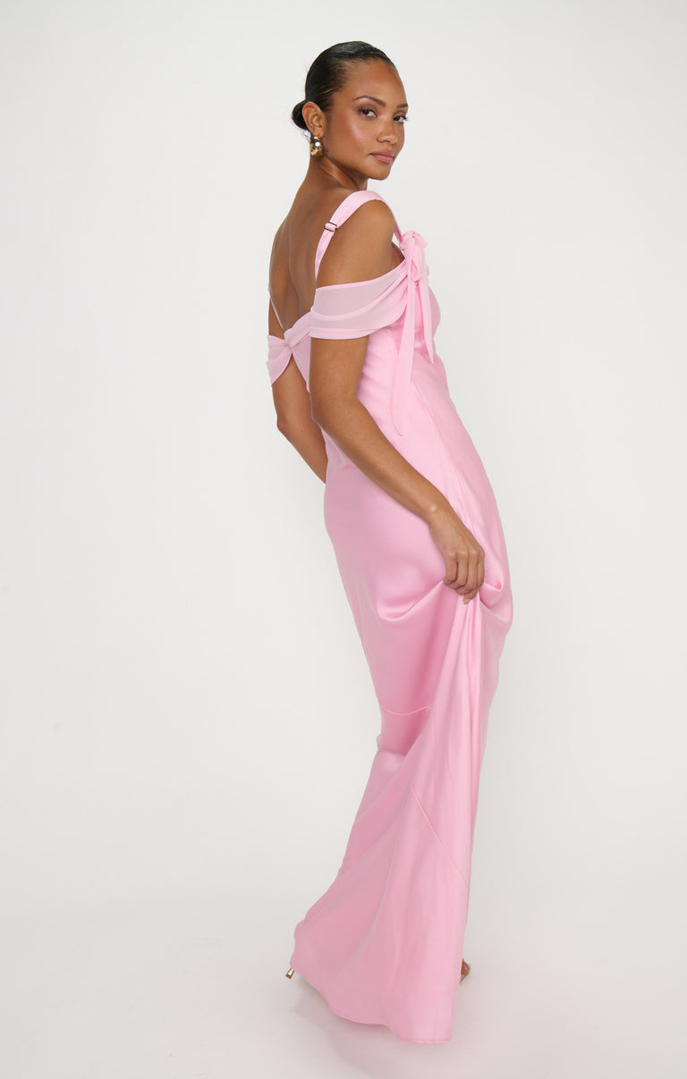 fitted lace wedding dress Bella Maxi Dress, in Light Pink Luxe Satin, Size: Small | Show Me Your Mumu