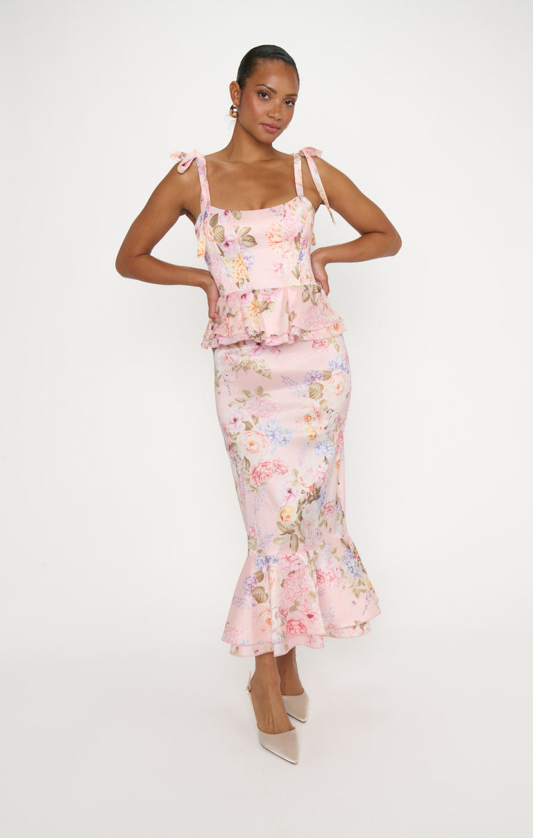 Pauline Peplum Dress, in Powder Pink Blooms Taffeta, Size: 2XL | Show Me Your Mumu