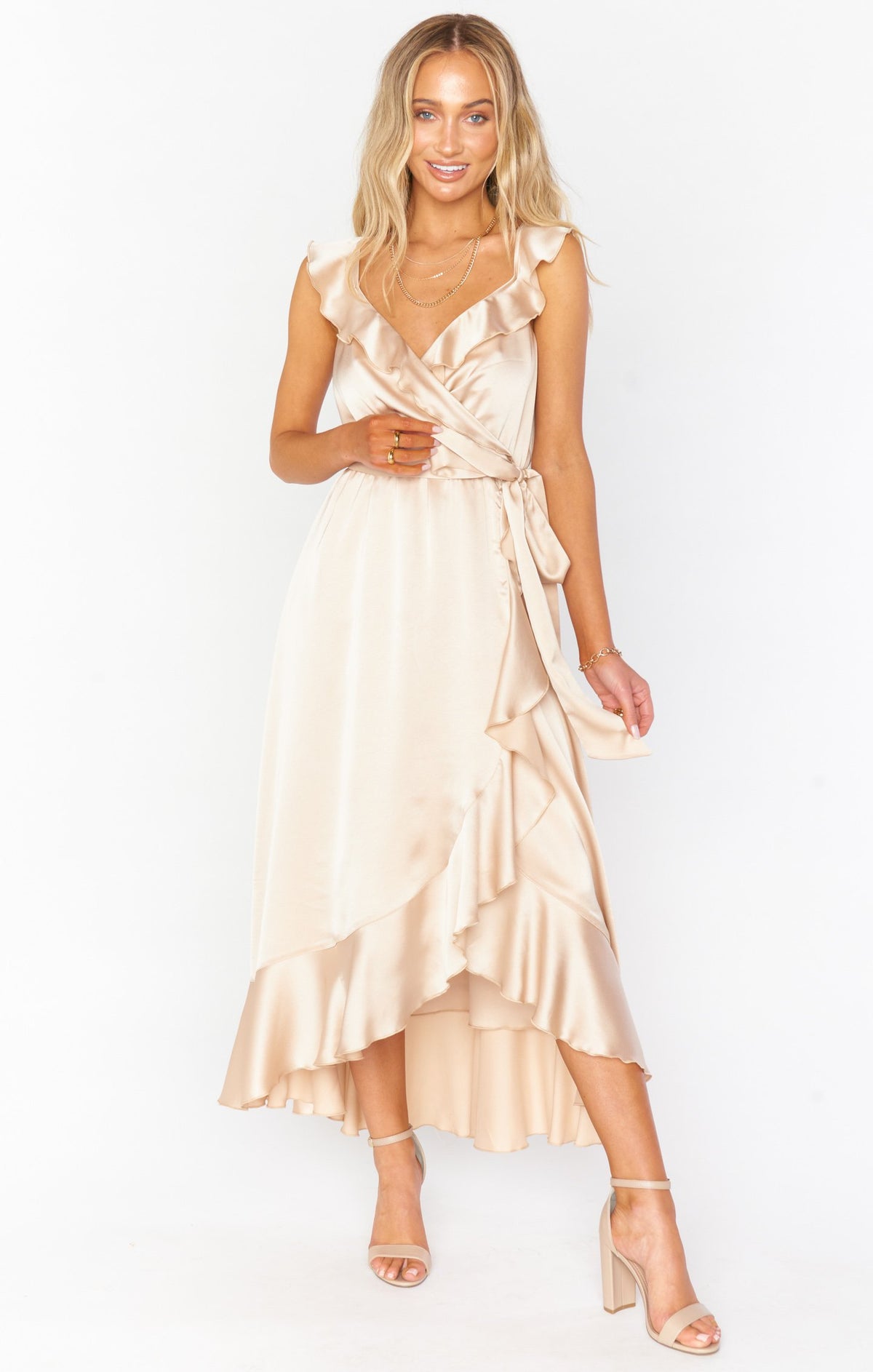 Samantha Ruffle Wrap Dress ~ Champagne Luxe Satin – Show Me Your Mumu