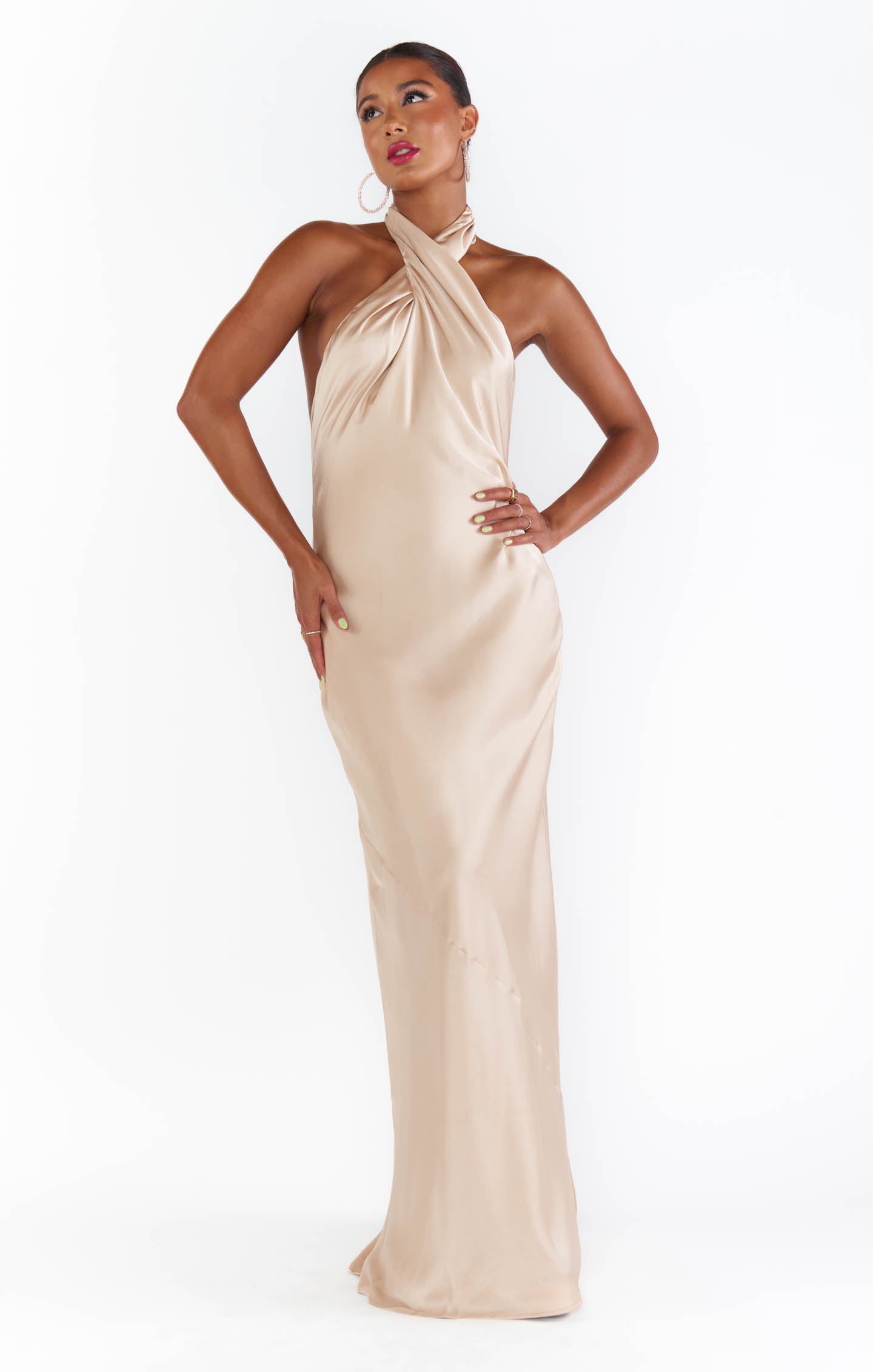 jasmine halter maxi dress Dress, in Champagne Luxe Satin, Size: XL | Show Me Your Mumu Collar Size:17-17.5 Smocked BackLinedStretchSelf/Lining YOURS LONDON Plus Size GL-06.05.26