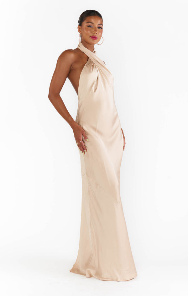 Jasmine Halter Maxi Dress ~ Champagne Luxe Satin – Show Me Your Mumu