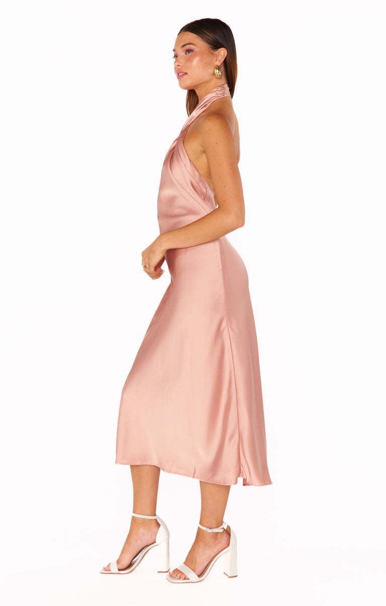 knee length dresses for ladies Jasmine Halter Midi Dress, in Rose Gold Luxe Satin | Show Me Your Mumu