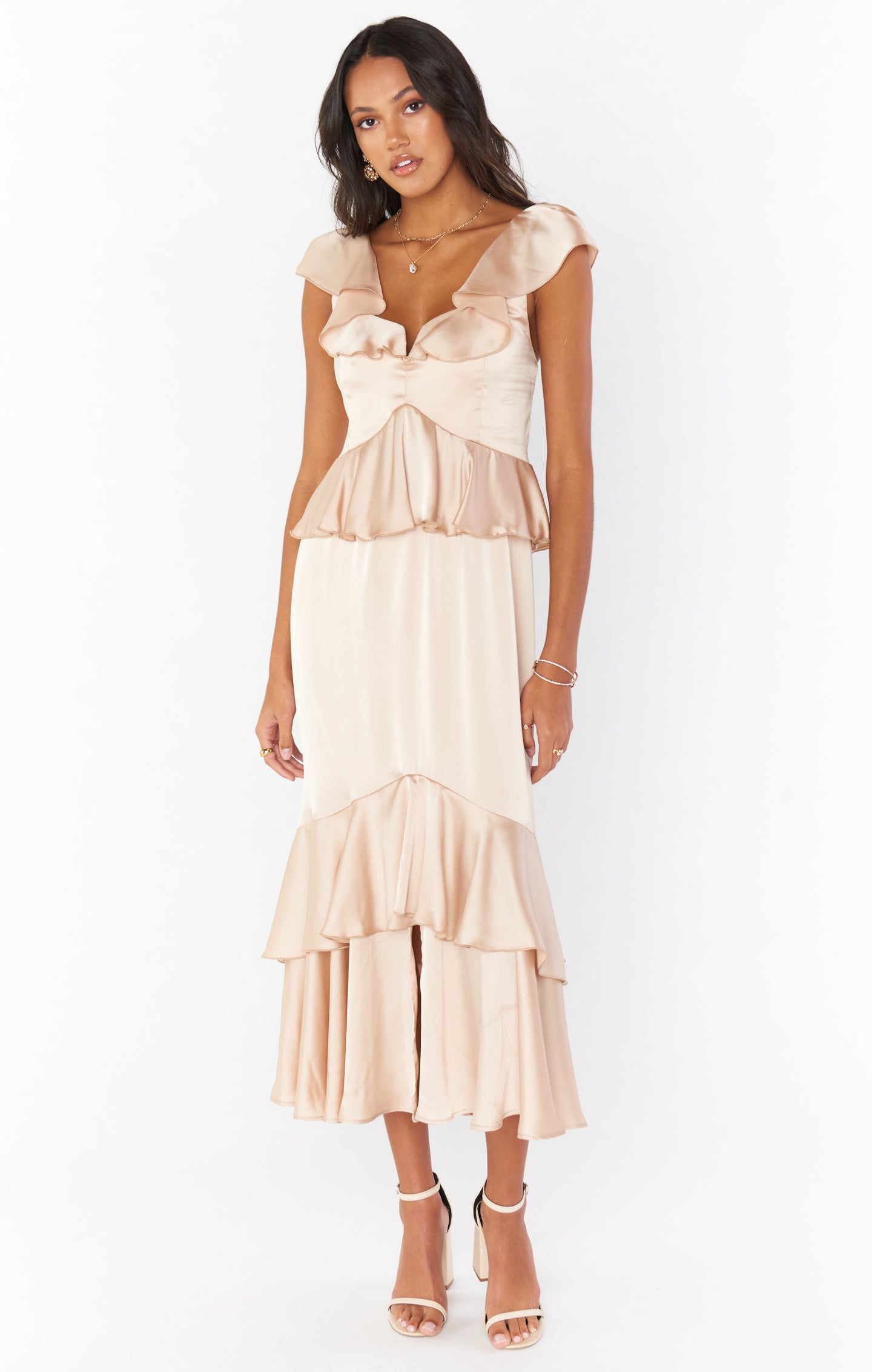 let me be femme ruffle maxi dress Reese Ruffle Dress ~ Champagne Luxe Satin – Show Me Your Mumu