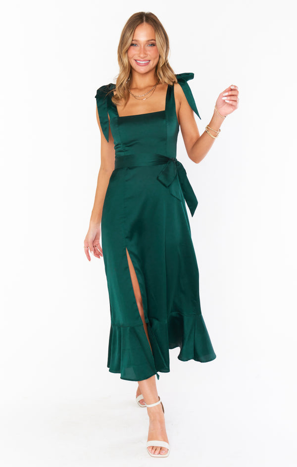 Claire Midi Dress ~ Deep Emerald Luxe Satin – Show Me Your Mumu