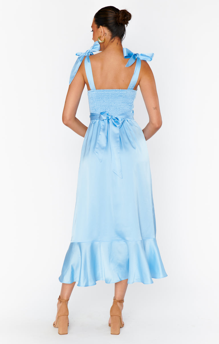 Garden Midi Dress ~ Baby Blue Luxe Satin Show Me Your Mumu Garden Midi Dress ~ Baby Blue Luxe Satin Show Me Your Mumu