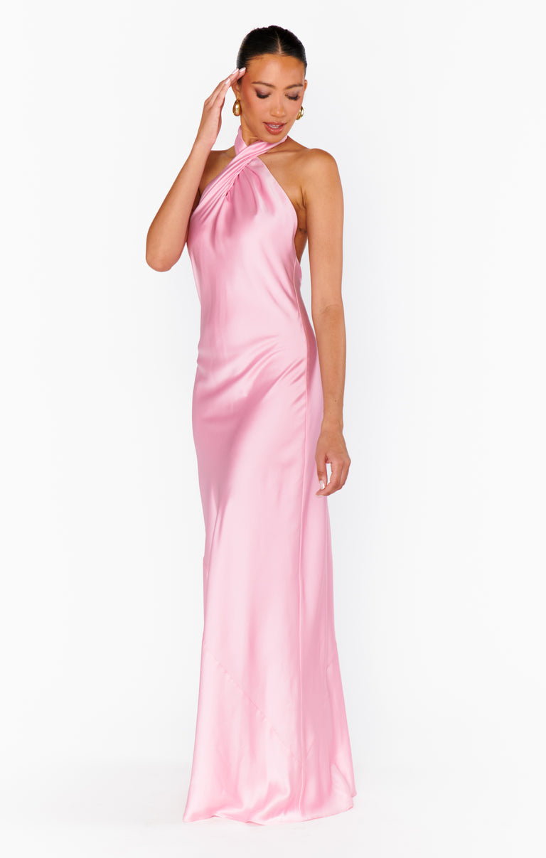 Jasmine Halter Maxi Dress, in Light Pink Luxe Satin, Size: XS | Show Me Your Mumu