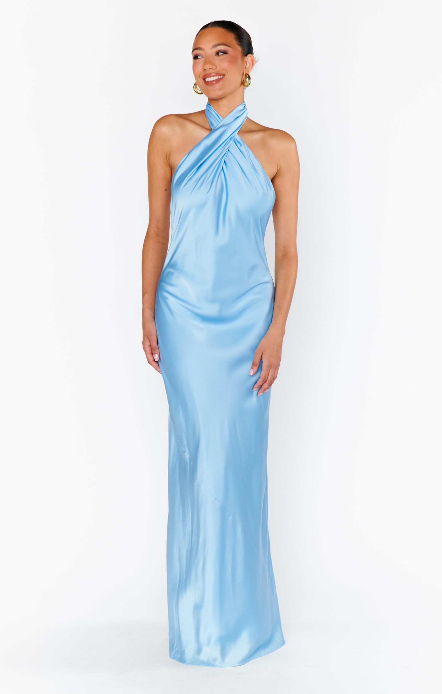 Jasmine Halter Maxi Dress, in Baby Blue Luxe Satin, Size: Small | Show Me Your Mumu
