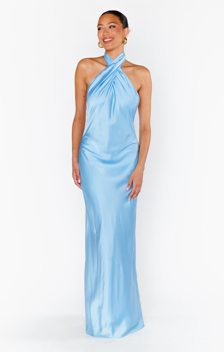 italia azure halterneck maxi dress blue Desi Halterneck Maxi Dress