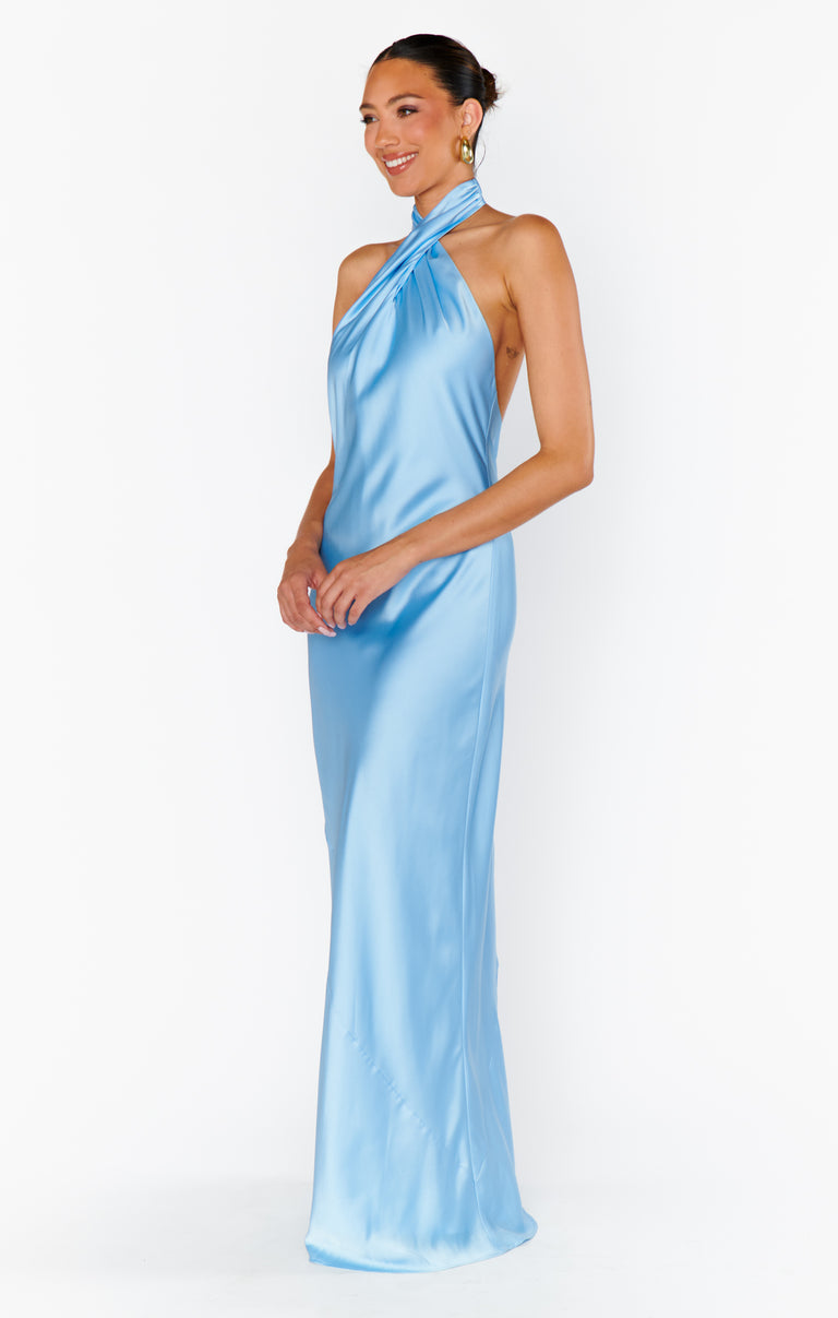 Jasmine Halter Maxi Dress, in Baby Blue Luxe Satin, Size: Small | Show Me Your Mumu | Bridesmaid Dresses & Wedding Attendee Dress Jasmine Halter Maxi Dress, in Baby Blue Luxe Satin, Size: Small | Show Me Your Mumu | Bridesmaid Dresses & Wedding Attendee Dress