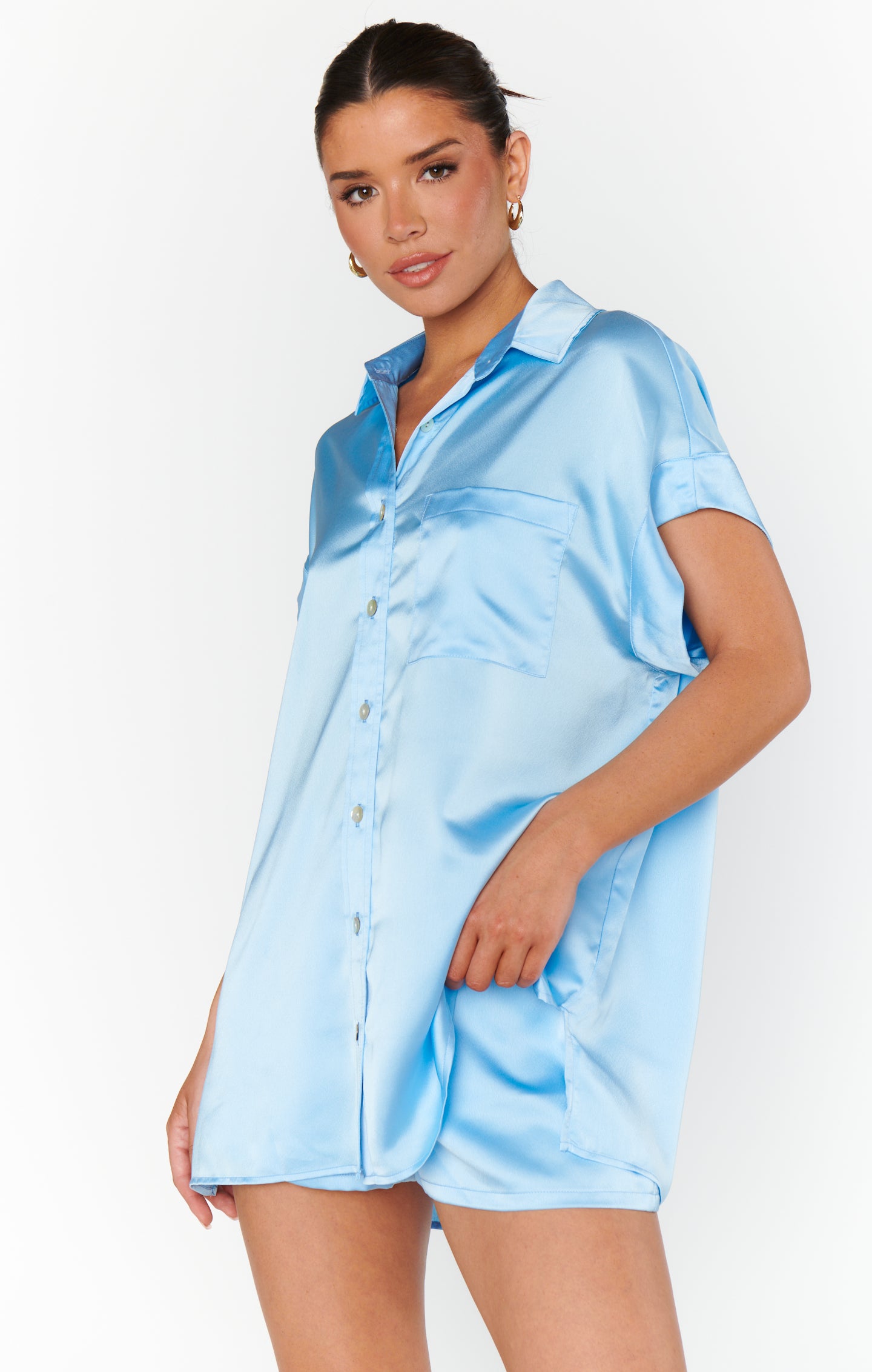 Glam Time Shorts, in Baby Blue Luxe Satin, Size: Large