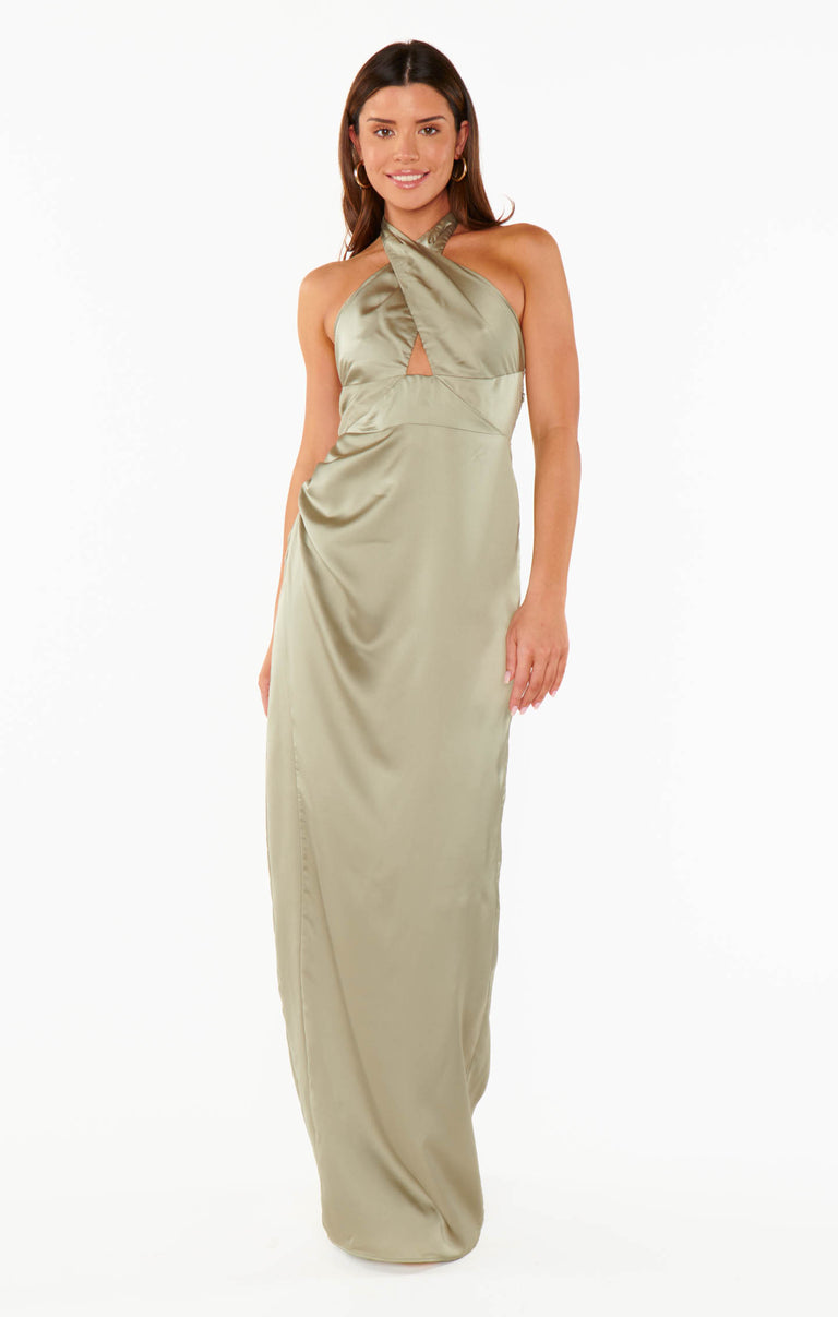 raise a toast satin plisse halter maxi dress Adele Dress, in Moss Green Luxe Satin, Size: Large | Show Me Your Mumu S26BRK1968