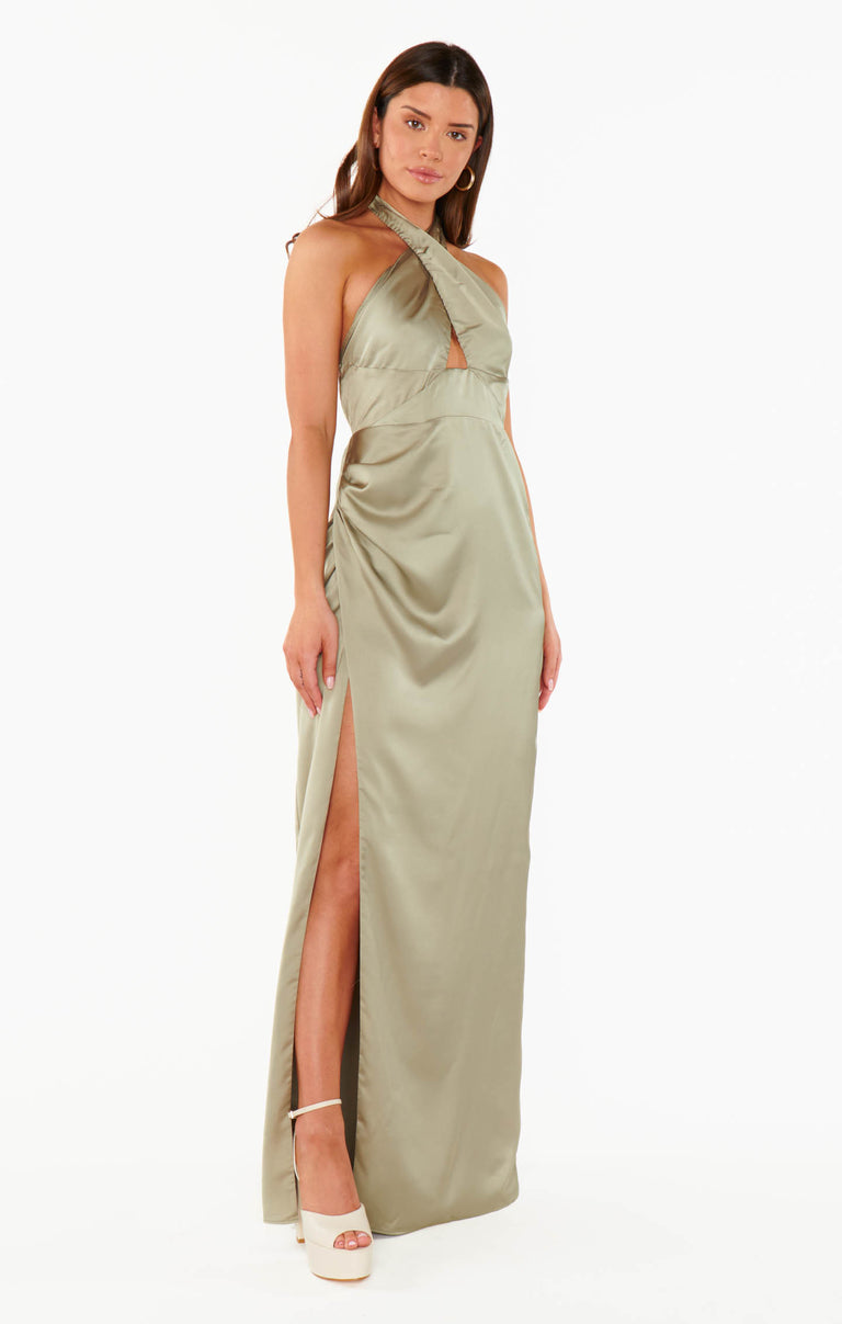 melody plisse halter maxi dress olive Adele Dress, in Moss Green Luxe Satin, Size: Large | Show Me Your Mumu Event ready with dainty Color:magenta US Return Nox Anabel M1707 Long