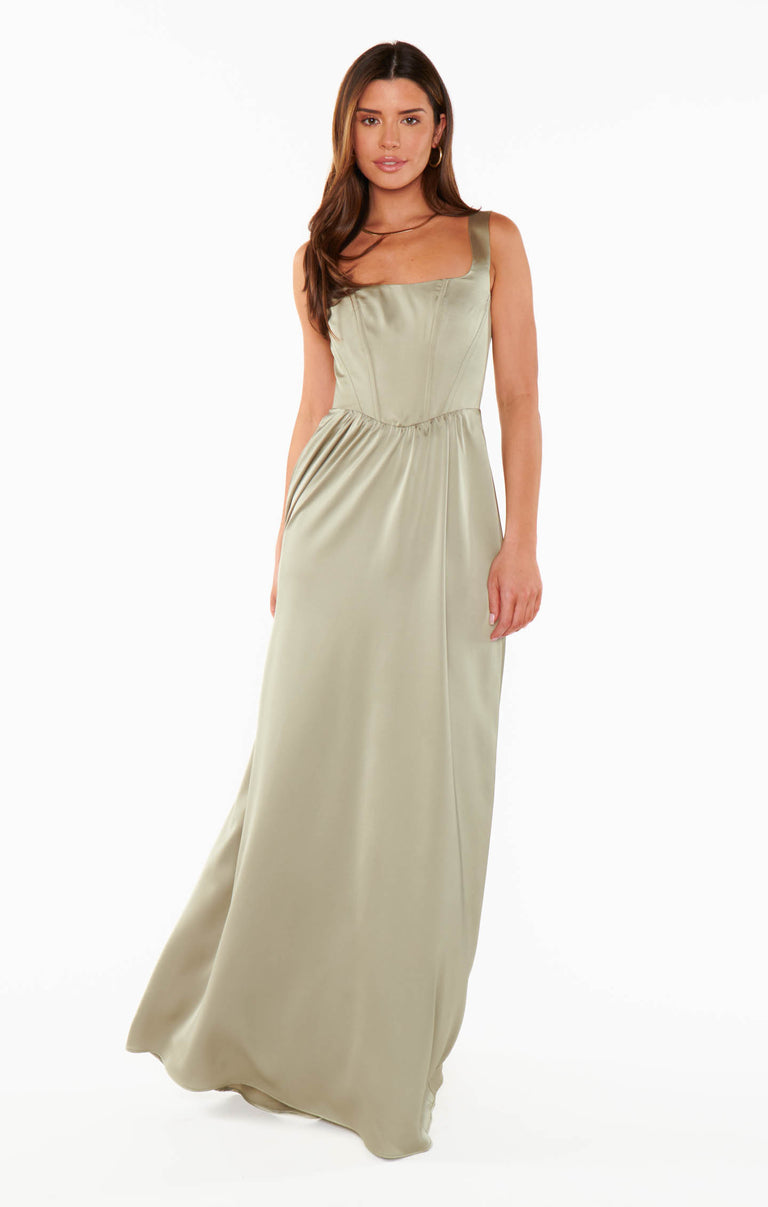 Nina Maxi Dress, in Moss Green Luxe Satin, Size: Large | Show Me Your Mumu