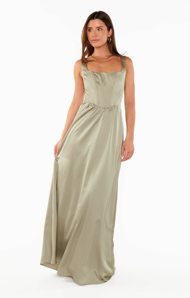 fitted lace wedding dress Nina Maxi Dress, in Moss Green Luxe Satin, Size: Large | Show Me Your Mumu